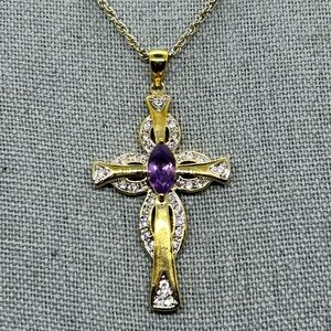 Gold and Purple Cross Pendant Necklace